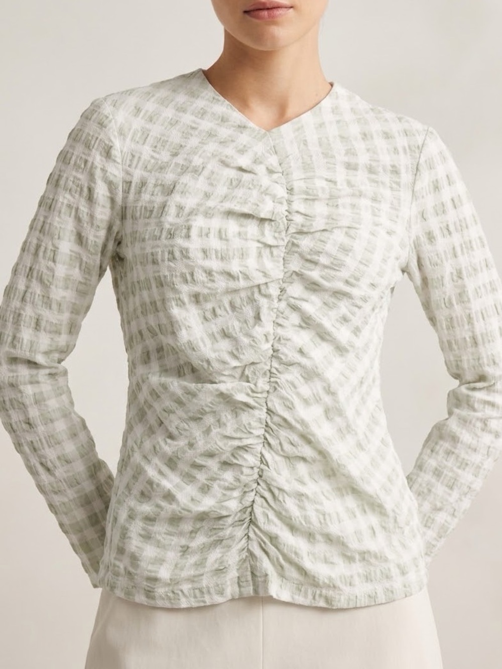 NOMIA Seersucker Gingham Gathered Front Top